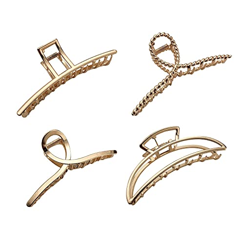 Mynaonao 4 Pieces Large Premium Gold Metal Strong Hair Claw Clips Easy Pulling Up Your Hair Suitable for Any Hairstyles and Hair Types Non-Slip Hair Clips for Women