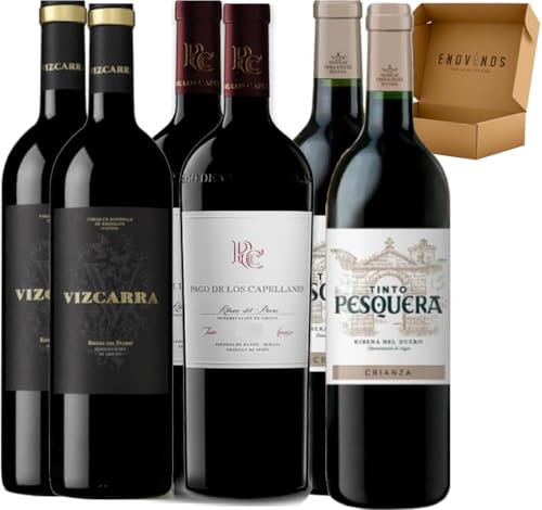Pack Vinos Ribera del Duero - Envio 24h - Vinos Regalo - x2 Vizacarra 15 Meses, x2 Pago de los Capellanes Crianza, x2 Pesquera Crianza - 6 x Botella 75 cl - Mejor Seleccion ENOVINOS THE WINE BRAND
