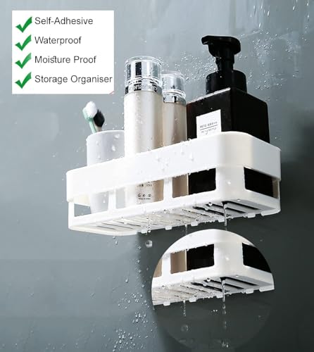 Image of Plastic Bathroom Shelf Without Drill |Organiser with Towel Holder,Ideal Bathroom Accessories for Efficient Space Utilisation(2 Bathroom Shelves,2 Shop Dish(White) 4 Pack)
