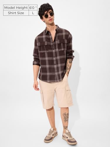 Image of The Souled Store Brown Men and Boys Long Sleeves Collared Neck Button Front Plaid Regular Fit Cotton Utility Shirts