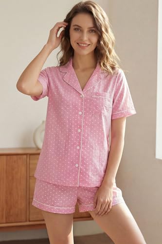 Image of LUBOT 100% Cotton Pajamas for Women 2 Piece PJ Set Poplin Woven Lightweight Ladies Button Short Sleeve Sleepwear S-XXL