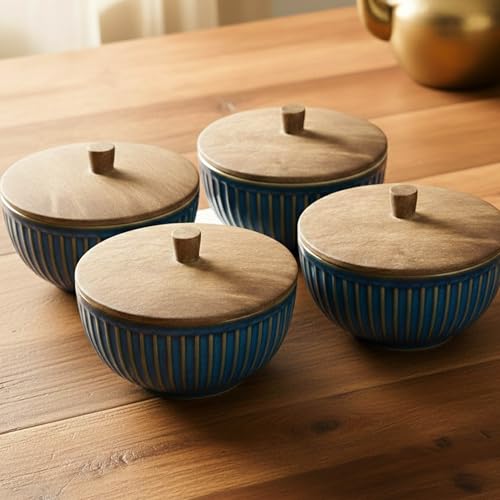 Image of The Earth Store Glam Blue Ceramic Bowl Set of 4 - 500ML Each with Nob Wooden Lid | Mixing Bowls for Snacks, Rice, Dal, Fruits, Salad Microwave Safe Bowl with Lid Perfect Gifting & Daily Use