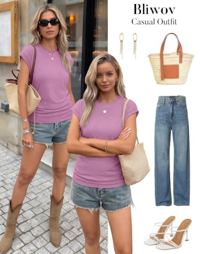 Image of Bliwov Womens Summer Tops Cap Sleeve Crew Neck Casual T Shirts
