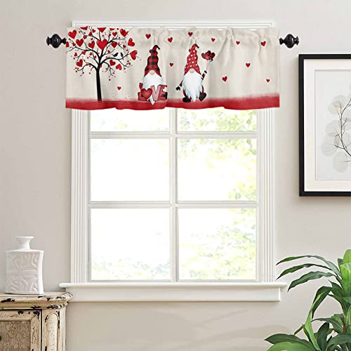 Alageo Valentines Day Valances Windows Curtain Gnome Love Heart Rod Pocket Valance Window Treatments 1 Panel Tree Couple Birds Short Curtains For Kitchen Windows Bathroom Bedroom 54 X 18 Inch #TOP2