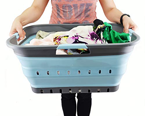 Image of SAMMART 42L (11 gallon) Collapsible Plastic Laundry Basket - Foldable Pop Up Storage Container /Organizer - Portable Basket - Space Saving Hamper /Basket (2, Grey /Sea Angel)