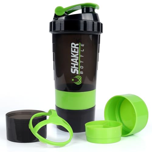 XSUPER Shaker Bottle, Leak Proof Shaker Bottle for Protein Mixes,16oz 3 Layer Twist Off Cup with Pill & Supplement Storage, Gym Sports Cup for Protein Powder, Green