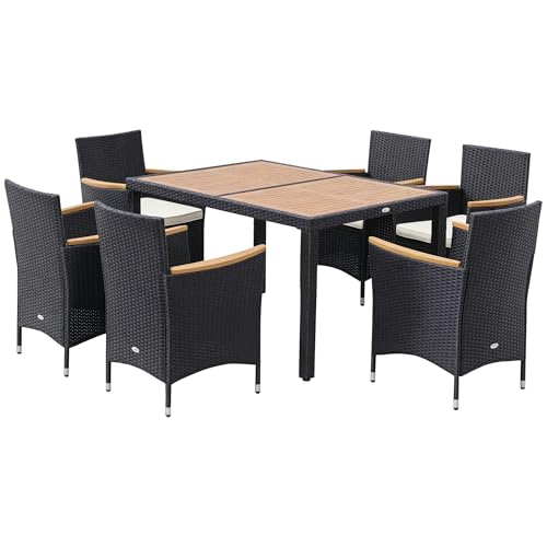 Outsunny Ensemble Salon de Jardin 6 Personnes Table à Manger rectangulaire 6 fauteuils Coussins lavables Acier résine tressée PE Bois d'acacia Noir et Beige