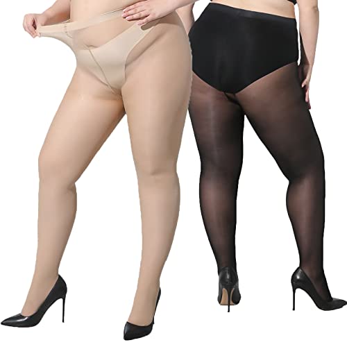 Image of Plus Size Durable Tights - 2 Pack 30D Shiny Queen Size Pantyhose, for Chubby Women, Girls