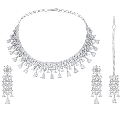 Image of ASMITTA Jewellery Silver American Diamond Necklace Set with Maang Tikka | Traditional Rhodium-Plated CZ Jewellery Sets for Women | Perfect for Bridal Weddings, Festivals & Special Occasions