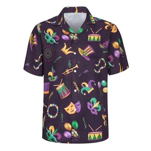 Kosgraiy Men Mardi Gras Shirt Button Up Shirt Mardi Gras Outfit for Men Mens Short Sleeve Carnival Shirts Funny Hawaiian Beach Casual Shirts Purple XXL