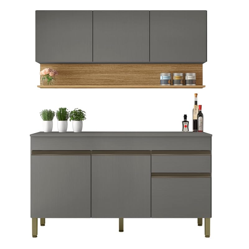 KITS PARANA Cuisine Equipée 6 Portes 1 Tiroir Chêne et Gris L 150 H 200 P 53.3 cm