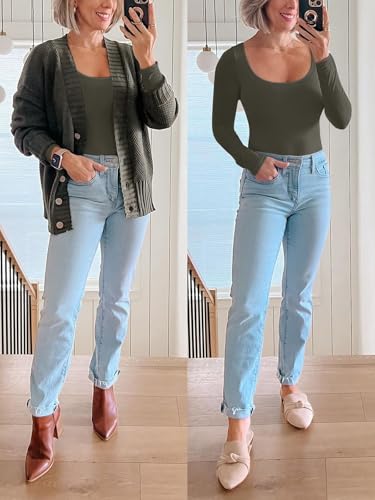 REORIA Womens Basic Sexy Scoop Neck Long Sleeve Leotards Fashion Fall Outfits Double Lined Layering Slim Soft Bodysuits Tops Grey Medium — view 5