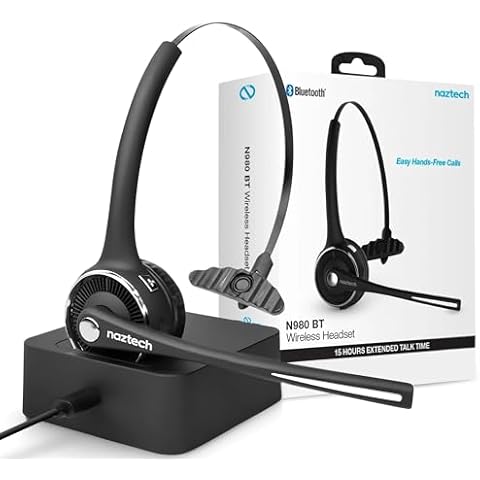 Naztech N980 Wireless Headset w/ Charging Base - Noise Cancelling Microphone, HD Sound, Bluetooth 5.0, Multipoint, 15Hrs Battery, Dual Charge - Black Cover