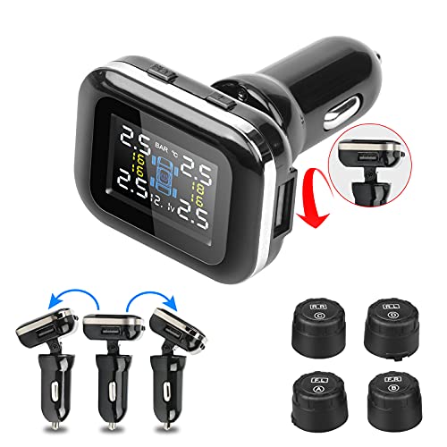 Tire Pressure Monitoring System TPMS, Wireless Tire Pressure Monitor Adjustable display angle with 4 Waterproof External Sensors Auto Alarm Real-time Display Temperature Pressure(0- 5Â Bar / 0- 72Psi)