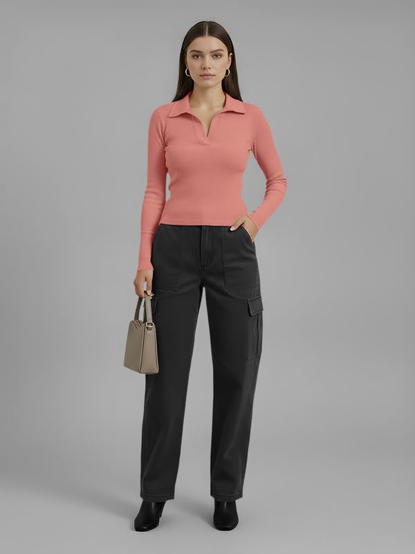 Image of Dream Beauty Fashion Women's Collared Neck Long Sleeve Slim Fit Casual Tee Top for Woman