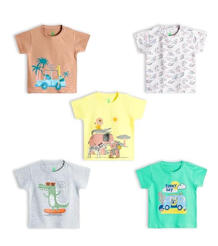 Image of YUV Infant Baby Boys & Girls 100% Cotton Printed Multicolor Half Sleeve T Shirts - 0 to 24 Months Babies, Pack of 5