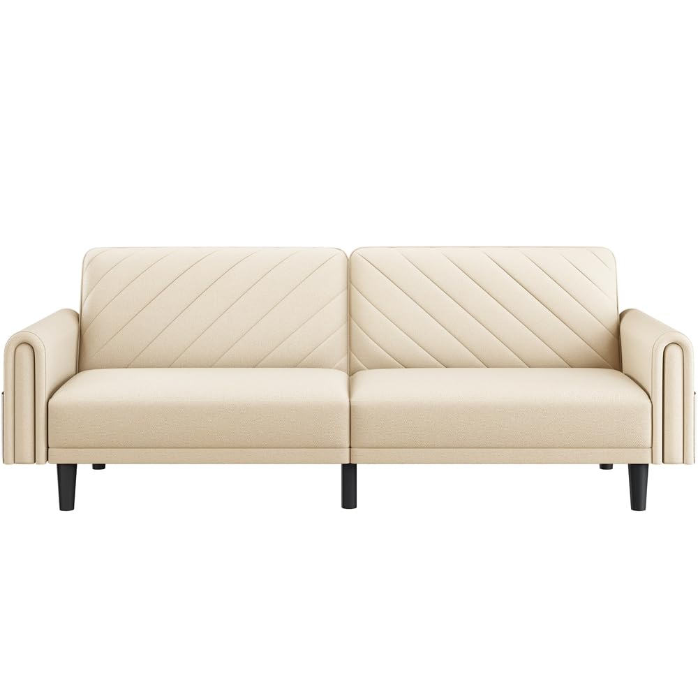 Yaheetech Click-clack 3-Seater Sofa Reclining Daybed Modern Fabric Futon Convertible Couch with Large Side Pockets for Living Room/Bedroom/Apartment Beige — image 1