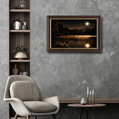 Image of Framed Vintage Moonlit Lake Canvas Wall Art, Misty Forest Night Landscape Canvas Prints Pictures, Dark Nature Wall Decor for Living Room Bedroom Farmhouse Home Aesthetic