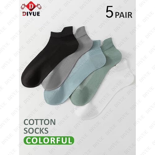Image of DIVUE Ankle Length Socks for Men & Women | 5 Pair Unisex Multi Color Combo Pack | Cotton Rich, Breathable, Sweat Absorbent, Odor Resistant, Stretchable, Durable Multipurpose Sports, Gym & Casual Socks