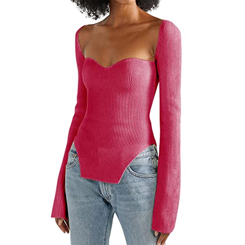 Image of Women's Square Neck Ribbed Knitted Sweater Long Sleeve Crop Slim Fitted Basic Pullover Tops