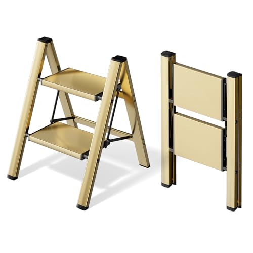 HillhutApex Aluminum Step Stool Foldable,2 Step Ladder (Gold)