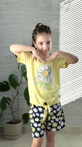 Image of Arshiner Girls Short Sets 2 Pieces Outfits Short Sleeve Tie Knot T-Shirts and Casual Shorts With Pockets Cute Clothes Sets