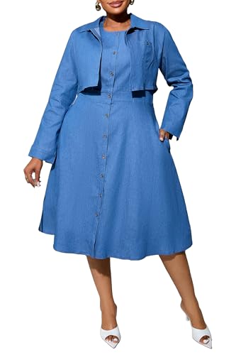 VERWIN Plus Size Two Pieces Denim Dress with Jackets Midi Dress Button Down  Party Long Sleeve Shirt Dress Outfits - Product Details
