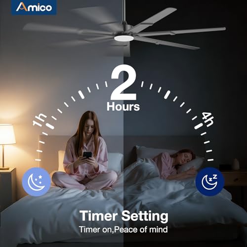 Image of Amico Ceiling Fans with Lights,74 inch Black Ceiling fan with Light and Remote, 6 Speed Reversible DC Motor, 3CCT, Dimmable, Quiet, Timer, Large Modern Ceiling Fan for Living room, Indoor /Outdoor
