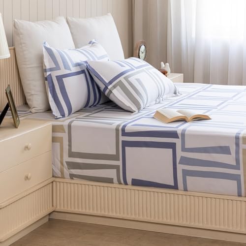 HOMEMONDE 100% Cotton Fitted Bed Sheet for Double Bed, Modern Maze Printed All Around Elastic Bedsheet 78 x 60 Inch with 2 Pillow Cover | Perfect for Home Decor & Gifting