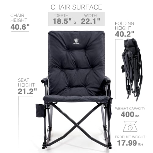 EVER ADVANCED Oversized Folding Rocking Camping Chair, Padded Portable Rocker Chairs for Patio, Lawn and Outdoors, Heavy Duty Hard Armchair for Adults Supports 400lbs, Black by EVER ADVANCED - Image 7
