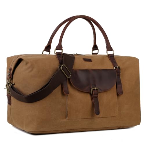 BAOSHA Echtes Leder Leinwand Reise Duffel Oversized Weekender Tasche Tragen Sie Übernachtung Tasche Sport Duffel Tasche für Männer HB-15 Braun (Braun)