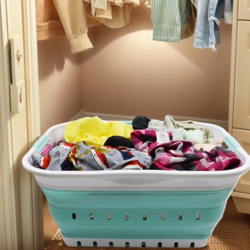 Image of SAMMART 42L (11 gallon) Collapsible Plastic Laundry Basket - Foldable Pop Up Storage Container /Organizer - Portable Basket - Space Saving Hamper /Basket (2, White /Lake Green)