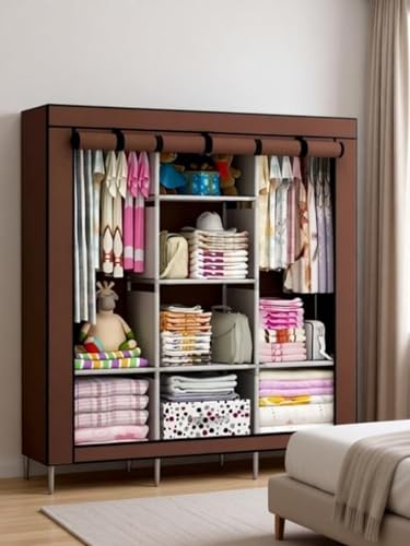 Image of Collapsible Wardrobe DIY Clothes Almira | Portable Foldable Closet Organizer | Brown Finish | Hanging Space & Storage Shelves | Fabric Wardrobe for Bedroom