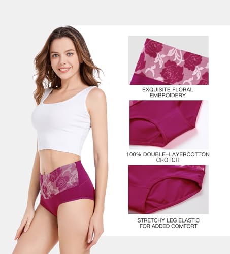 HAVVIS Women's Briefs Underwear Cotton High Waist Tummy Control Panties Rose Jacquard Ladies Panty Multipack