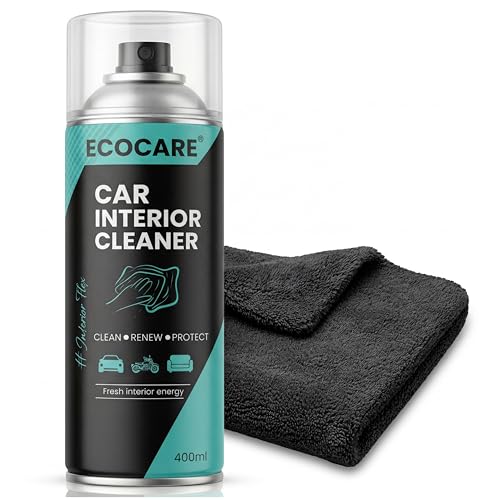 Image of EcoCare Car Interior Cleaner Polish | Multipurpose Foam Cleaning Spray with Microfiber Cloth for Leather Seats, Dashboard, Mats, Roof Liners | Removes Tough Stains & Dirt | Protects All Surfaces 400ML