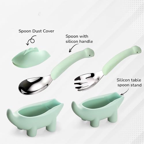 Image of Baby Spoon and Fork Set, Green Silicone Toddler Cutlery Set with Dinosaur Case, 2 Pc, Self Feeding Utensils for Baby Meals School and Travel, Mealtime Essential