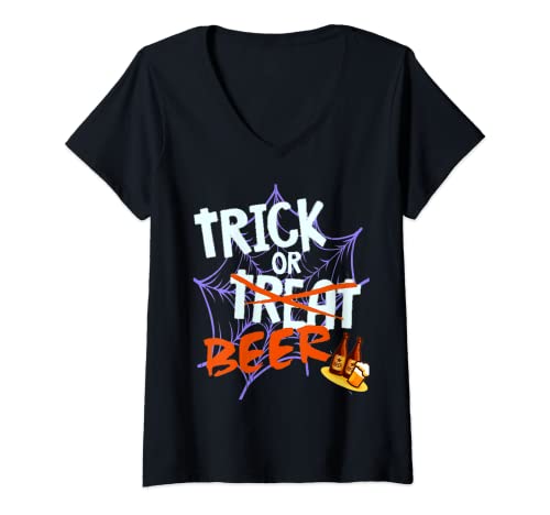 Mujer Trick or Treat or Beer Halloween Beber Disfraz Humor Camiseta Cuello V
