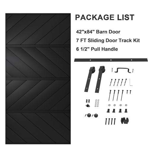 Image of 42 inchx84 inch Black Barn Door with 7FT Sliding Door Kit & Handle & Floor Guide | Pre-Drill Holes Easy Assembly & Install Required, Solid Core Wood Sliding Barn Door for Water-Resistant & Sound Reduction