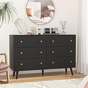 Black dresser for bedroom modern 6 drawer dresser wide chest of drawers with gold handles wood double dresser storage cabinet for living room bedroom hallway  urban country home decor
