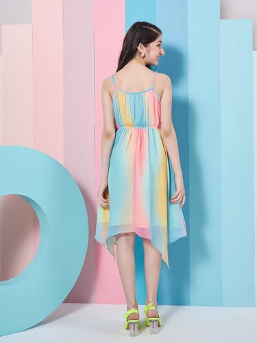 Image of Pspeaches Girl's Striped Shoulder Strap Crepe Fit Flare Midi Dress Stylish Casual Wear