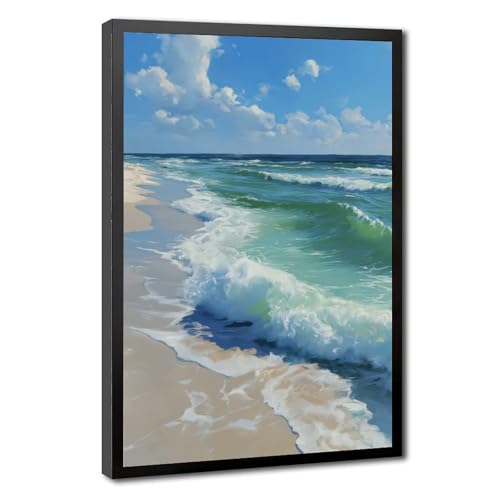 Coastal Beach Canvas Wall Art Emerald Ocean Waves Painting Serene