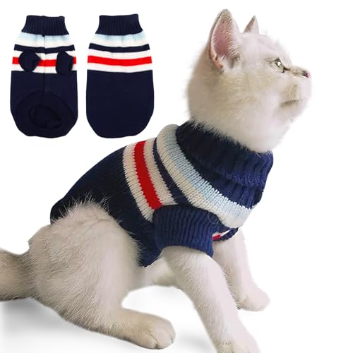 Pullover für Katze, CIYIN Katze Pullover, Strickpullover für Katzen, Sweater für Katzen, Katzen Kleidung Winter, Katzen Kleidung Süß, Warmer Pullover für Katzen Haustier (Blau-M)