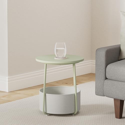 Image of VASAGLE LILEA Collection - Small Round Side End Table, Modern Nightstand with Fabric Basket, Laurel Green and Cream White ULET223C69