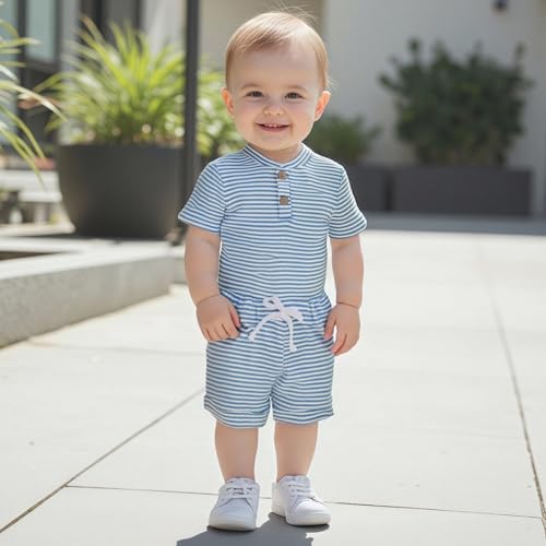 VISGOGO Baby Boy Shorts Set Newborn Infant Summer Outfit Striped Half Button-up Short Sleeve Bodysuit Elastic Waist Shorts2