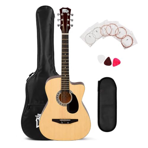 Image of INTERN Glossy 38 Inch Acoustic Guitar Kit for Beginners, Right Handed 6 String Cutaway Guitar with Spruce Top, Ebony Fretboard, Bag, Strap, Picks & Extra Strings (INT-38C-G)