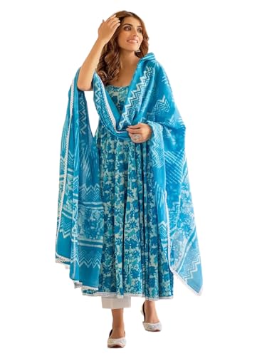 Image of Tee Projekt Women's Cotton Blend Floral Printed Anarkali Kurta Pant with Dupatta Set ll Round Neck ll Blue Kurta Set