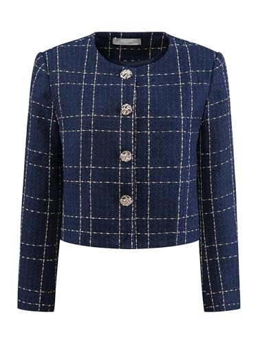Women's Collarless Blazer Plaid Button Front Crop Tweed Jacket