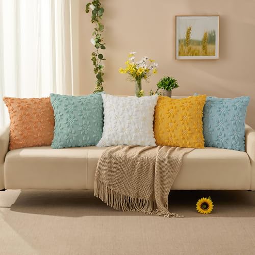 Image of DFXSZ Spring Summer Pillow Covers 18x18 inch Set of 2 Farmhouse Decor Yellow Color Flower Heart Sunflower Soft Plush Faux Fur Jacquard Throw Pillows for Sofa Holiday Spring Home Decor PTK024C18