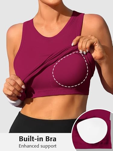 Image of ATTRACO Ribflex Workout Tank Tops for Women Seamless Full Length Gym Tops Athletic Yoga Top Built in Bra