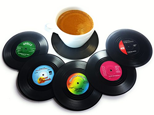 Vinyl Record Disc Coasters | Set of 6 with funny, colorful labels |